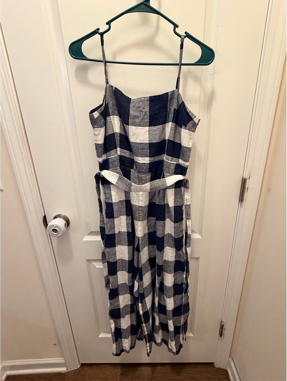 J.Crew Beauchamps Linen Jumpsuit Navy Blue White Gingham Tie Waist